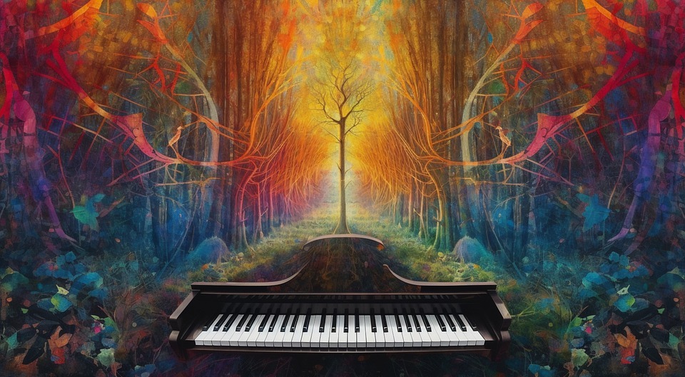 ai generated, piano, forest