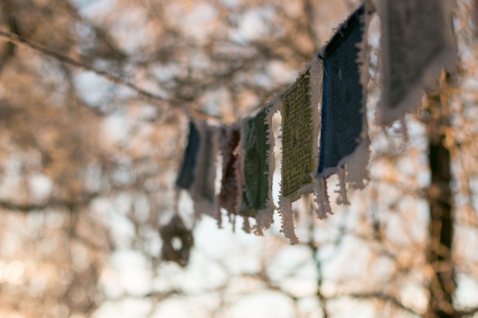 tibetan prayer flags, winter, frozen