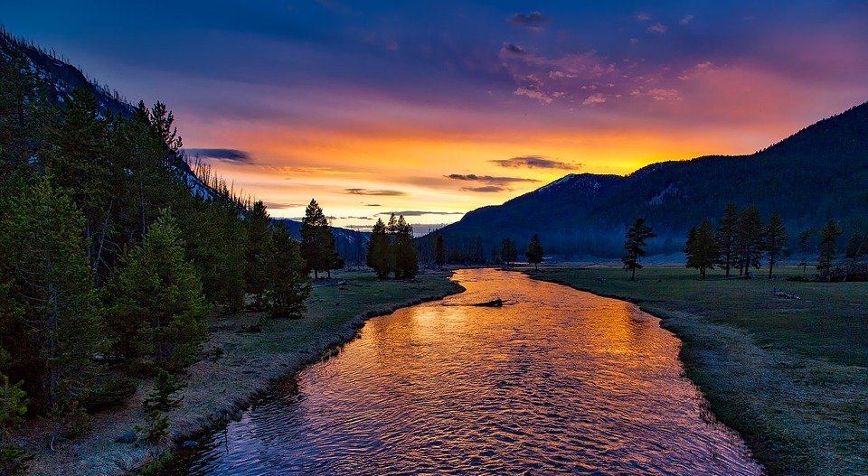river, mountains, sunset