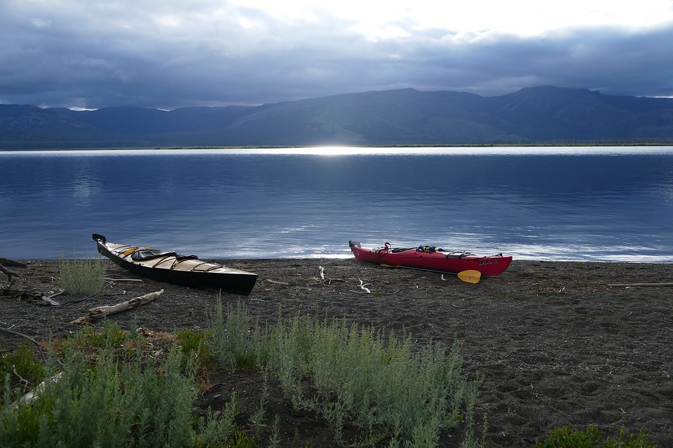 kayaks, beached, lake
