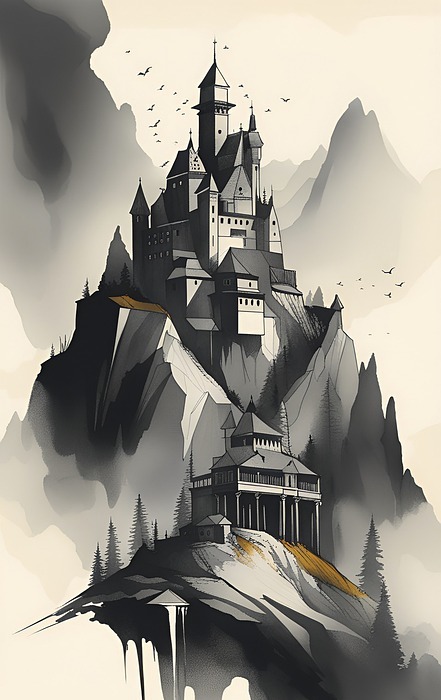 castle, mountain, drawing