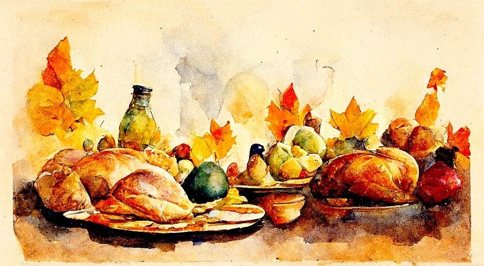 watercolor, thanksgiving day, roasted turkey