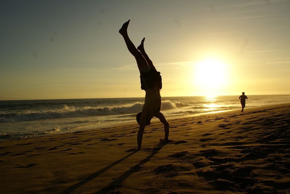 handstand, beach, water