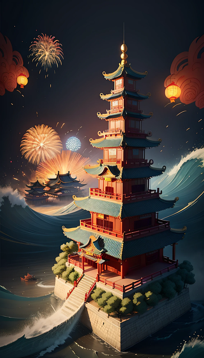 chinese new year, pagoda, fireworks
