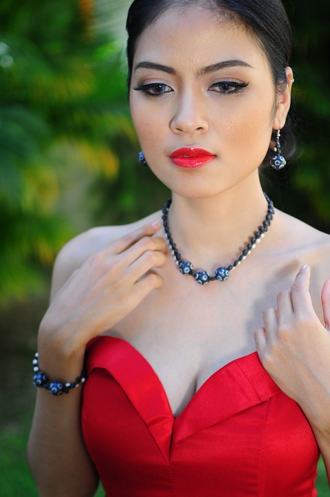 red dress, necklace, lady