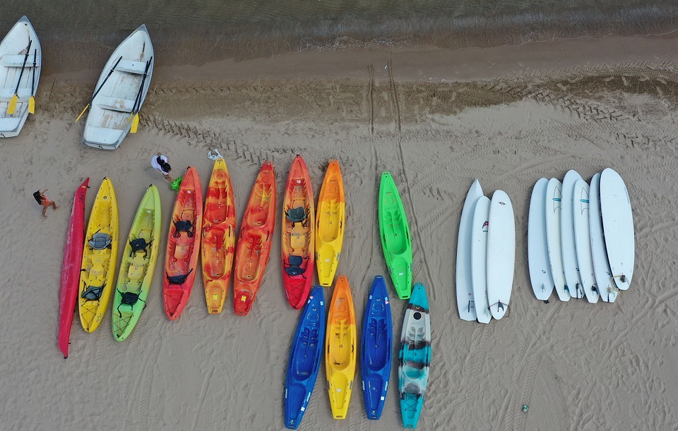 kayak, surf board, beach