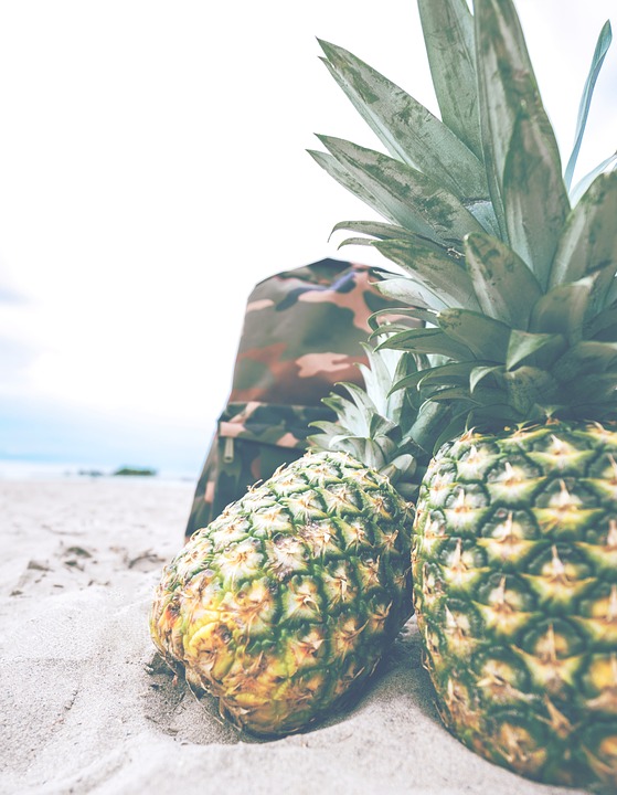 pineapples, beach, backpack