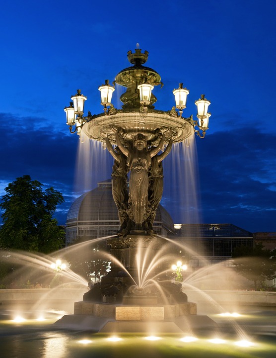 fountain, water, night