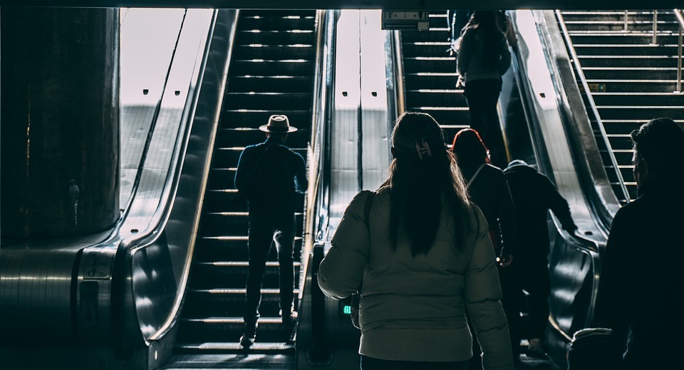 escalator, people, walking