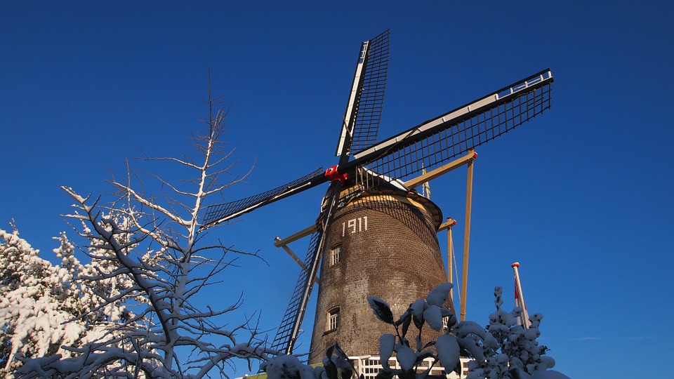 historic mill, winter, snowy