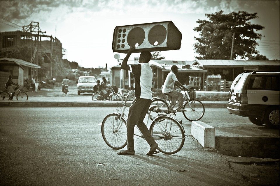 speaker box, people, bikes