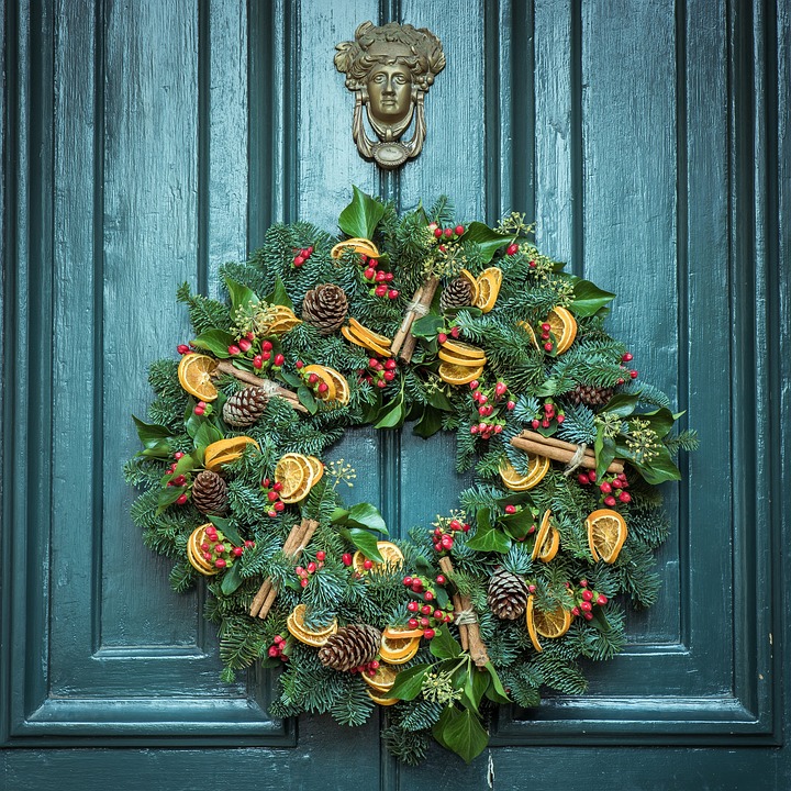 wreath, door, christmas
