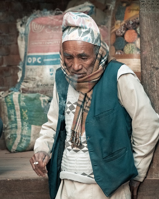 nepal, old man, smokes