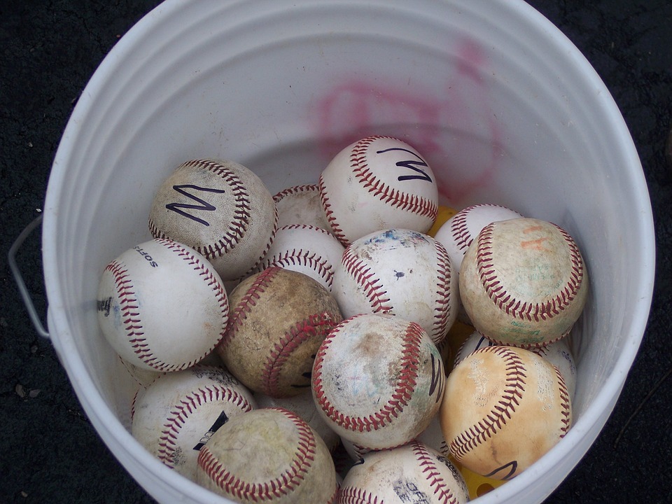 baseball, sports, bucket of balls