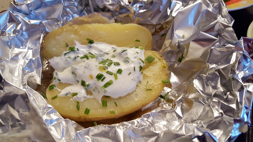 baked potatoes, potato dish, aluminum foil