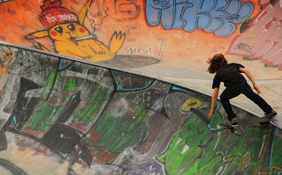 skateboard, child, graffiti