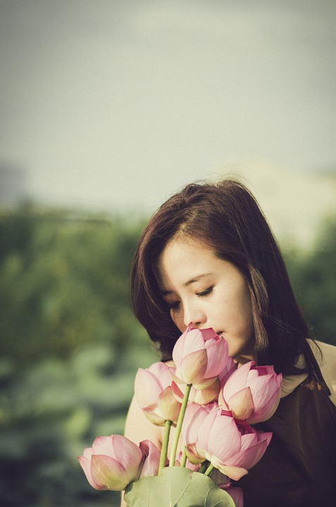 flower bouquet, girl, lotus