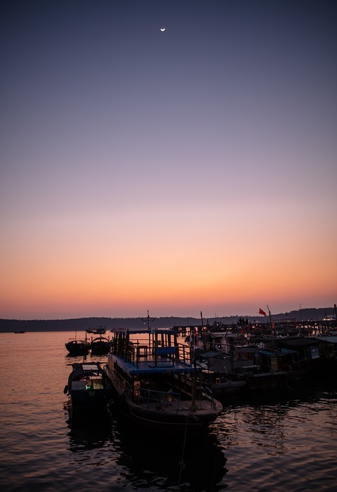 fishing boats, sunset, wooden