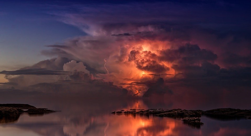 thunderstorm, ocean, twilight