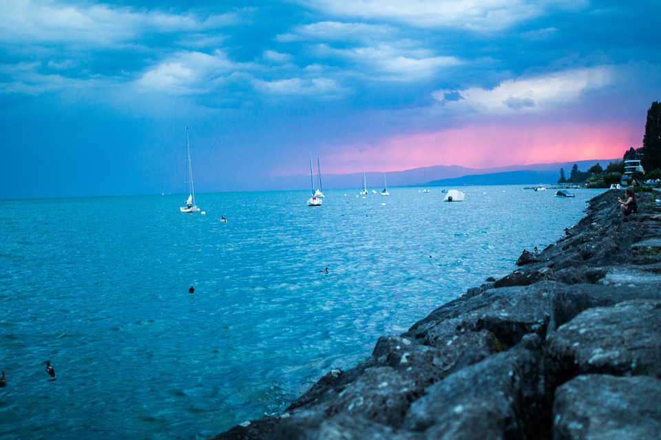 sunset, sailboats, lake
