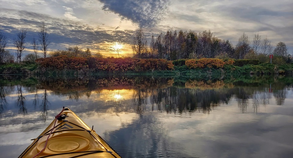 kayak, river, sunset