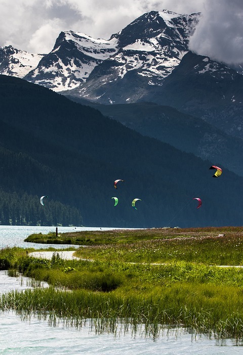 mountains, lake, kite surfing