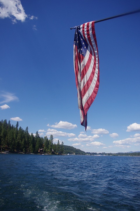 american flag, boating, water