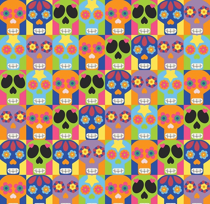 day of the dead paper, sugar skull, mexican blanket