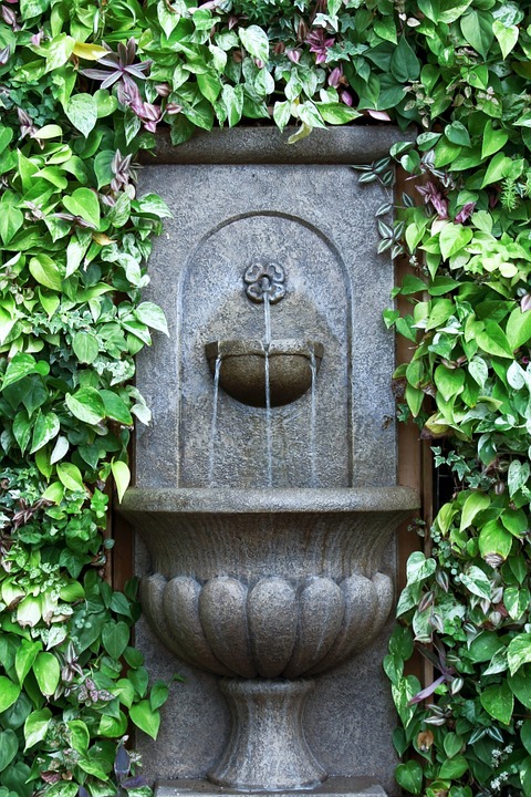 fountain, wall fountain, greenery