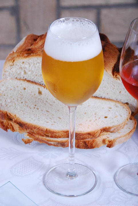 bread, beer, table