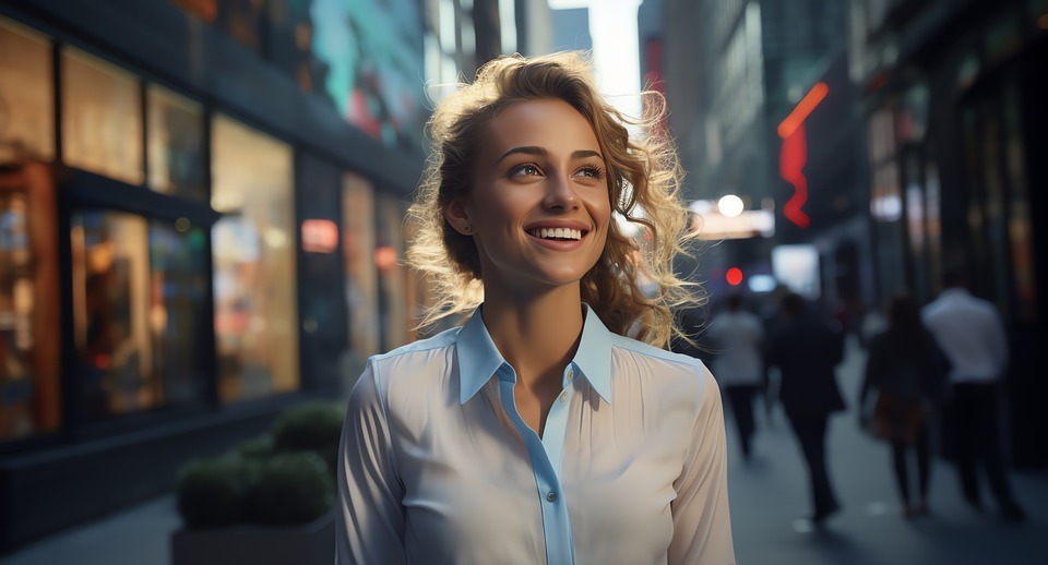 happy business woman, smiling, bright city backdrop