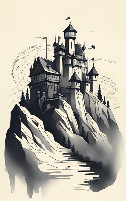 castle, mountain, drawing