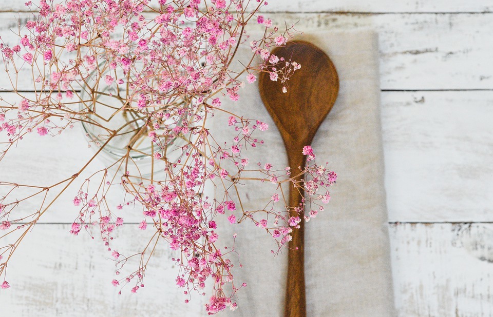 flowers, wooden spoon, flat lay