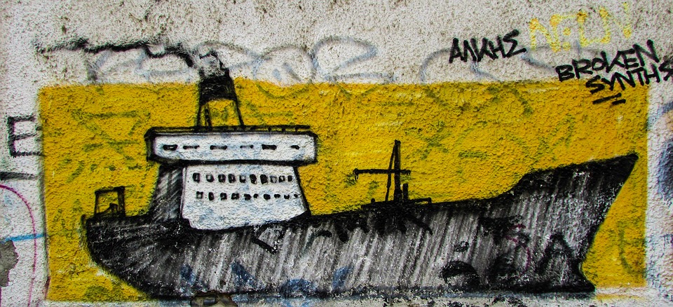 boat, graffiti, wall