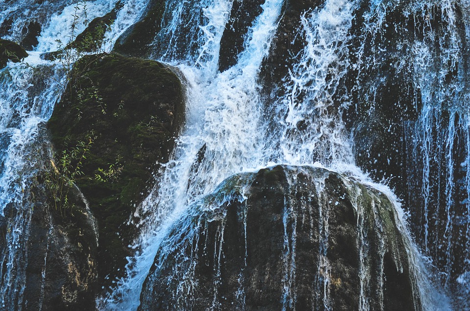 waterfall, rocks, water