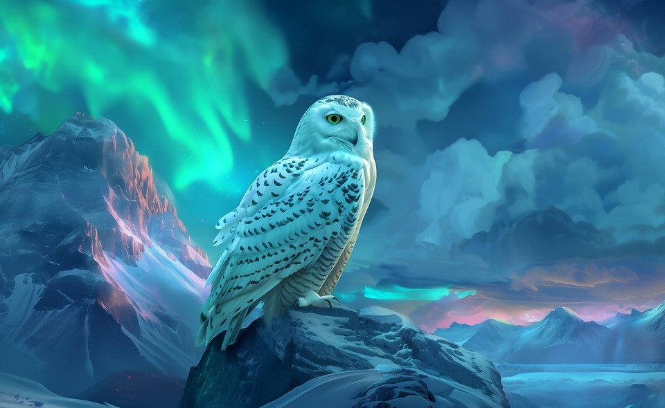 ai generated, snowy owl, northern lights