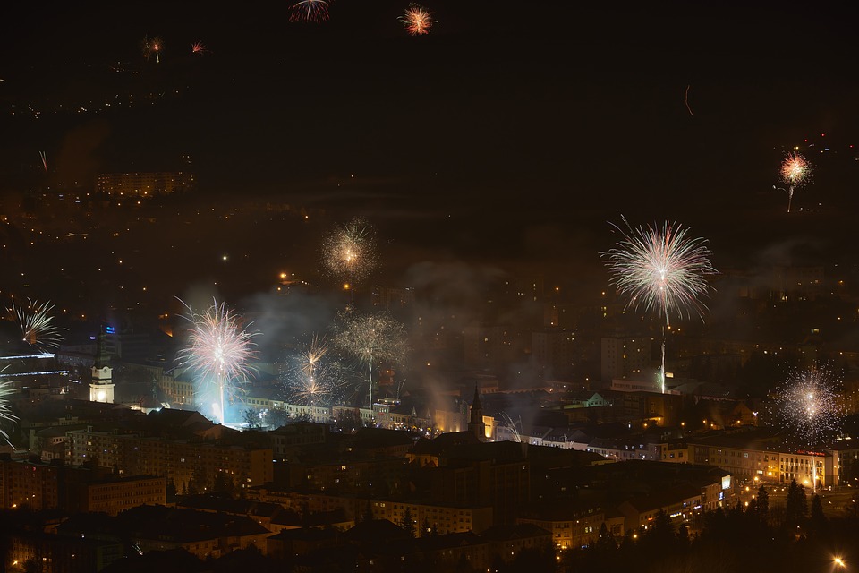 new year, fireworks, city