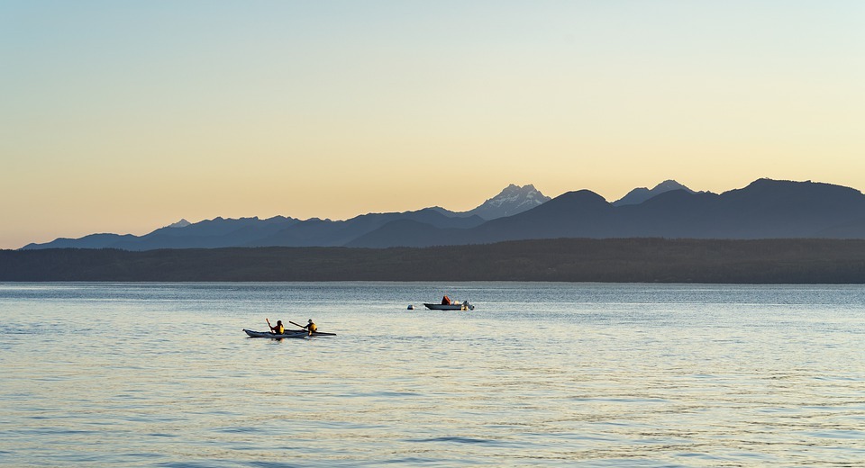 sunset, mountains, kayaks