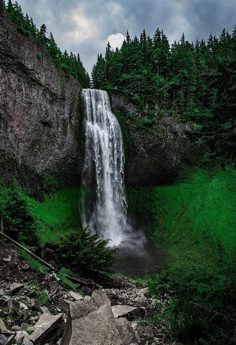 waterfalls, green, grass