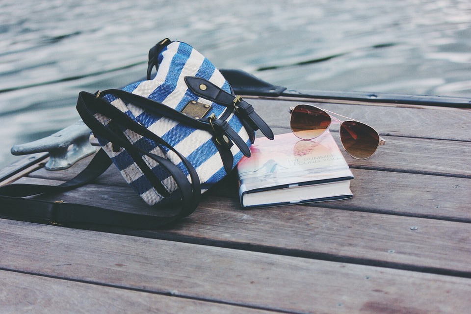 bag, book, sunglasses