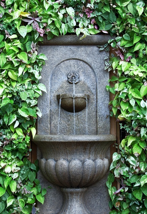 fountain, wall fountain, greenery