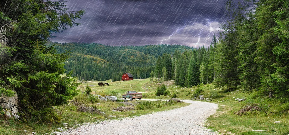 road, countryside, thunderstorm