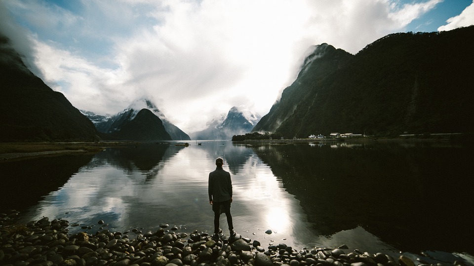 mountain lake, person, reflection