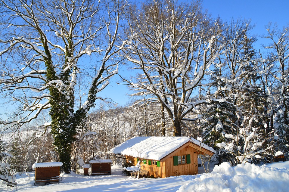 winter, snow, hut