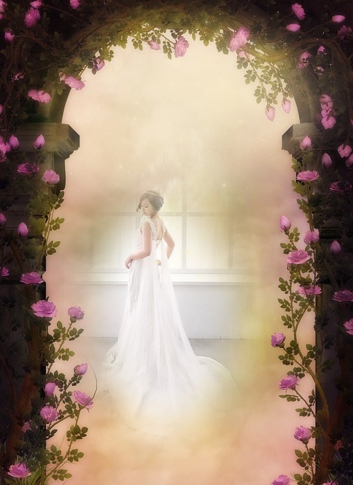 fantasy, rose arch, bride