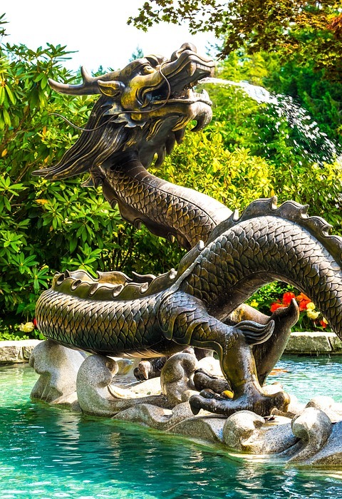 fountain, dragon, garden