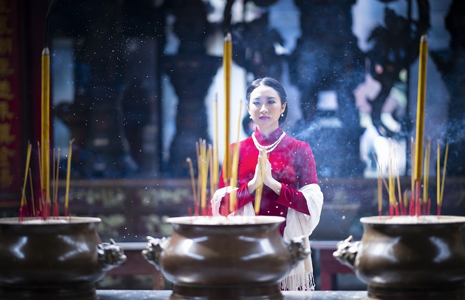 temple, incense, woman