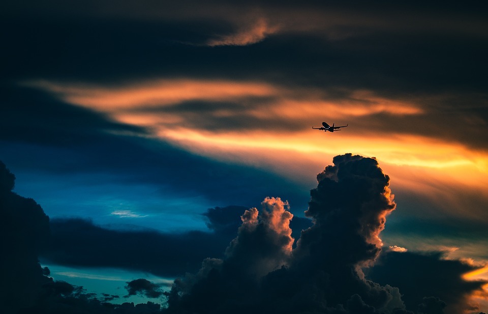 sunset clouds, airplane travel, sunset