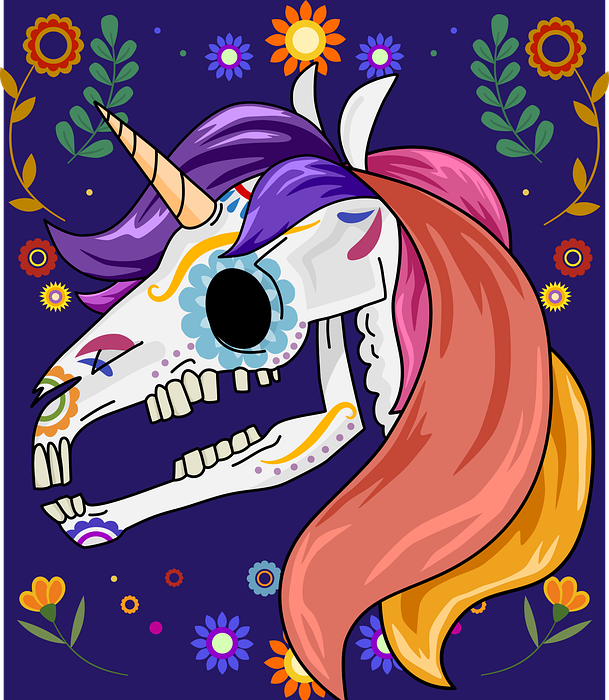 unicorn, sugar skull, dia de los muertos