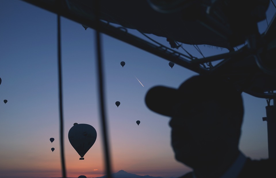hot air balloons, sunset, dusk